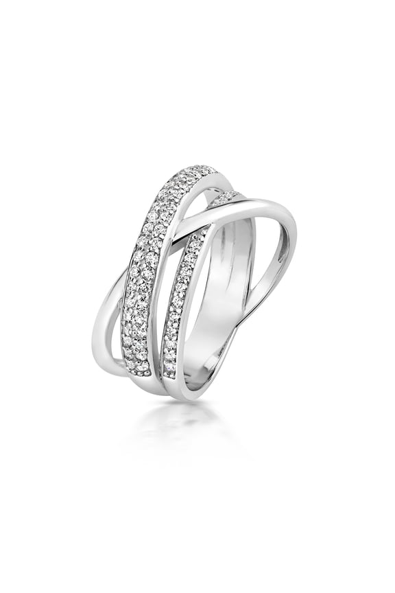 Stylish Rhodiumed 925 Sterling Silver Women Crossover Ring with Cubic Zirconia/CZ