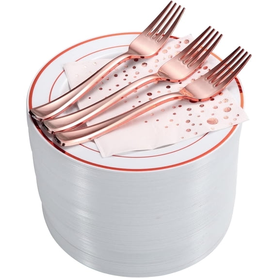 100-Piece Rose Gold Disposable Dessert Plates Set – 7.5 Inch Plates with Matching Forks and 5x5 Napkins – Elegant Party Supplies for Weddings, Birthdays, Holidays & Events