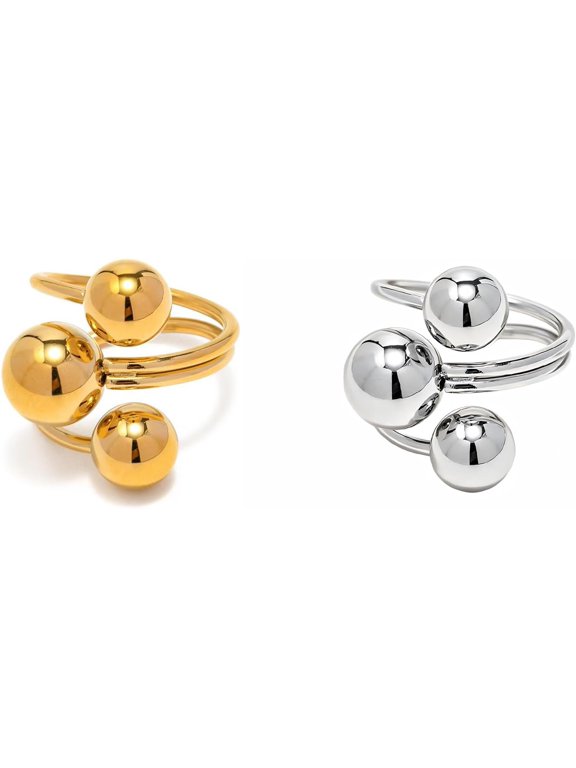 Stylish Round Beads Ball Finger Rings Stack for Women, Statement Stainless Steel Bead Stackable Open Knuckle Ring Fashion Cocktail Party Jewelry Gift