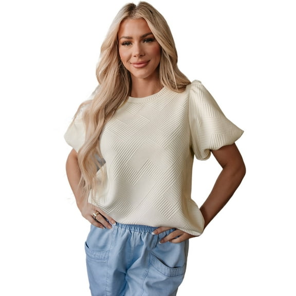 Stylish Round Neck Puff Sleeve Tee in Oatmeal - Perfect for Daily Wear | [ZhiHiMeRi] | (US 8-10)M