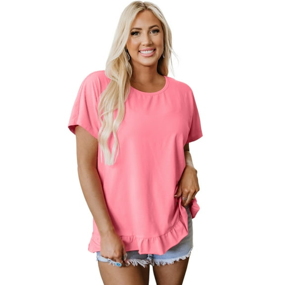 Stylish Round Neck T-Shirt with Ruffle Hem for Daily Wear - Pink | [ZhiHiMeRi] | (US 8-10)M