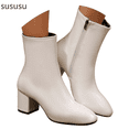 thumbnail image 1 of Stylish Round Toe Leather Mid Calf Boots with Sole Heel for Women Comfortable Zip Up Ankle Booties Casual Winter Fashion Footwear, 1 of 7