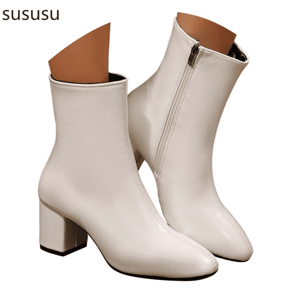 Stylish Round Toe Leather Mid Calf Boots with Sole Heel for Women Comfortable Zip Up Ankle Booties Casual Winter Fashion Footwear