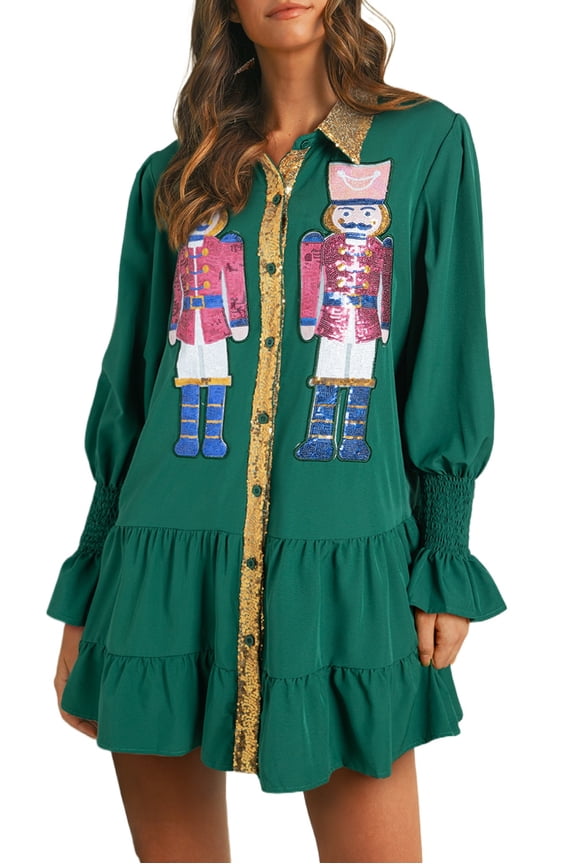 Women's Evergreen Christmas Sequin Nutcracker Collared Mini Dress with Ruffled Long Sleeves, (US 8-10)M