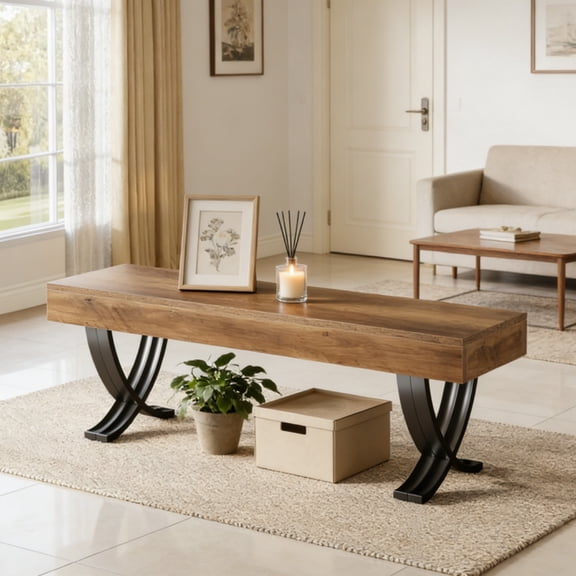Stylish Rustic Industrial Bench with Black X-Shaped Legs