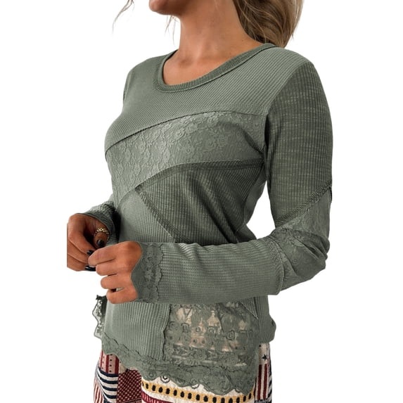 Stylish Sage Green Lace Patchwork Long Sleeve Top – Perfect for Women’s Fall Fashion, M