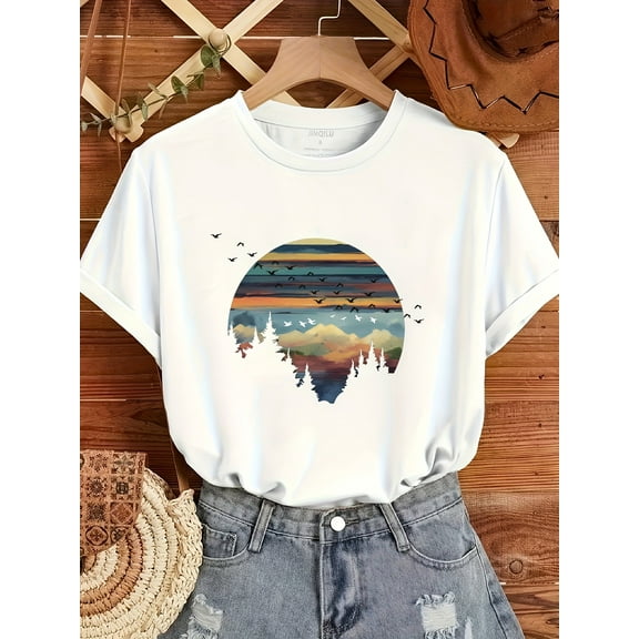 Stylish Scenic Landscape Print Women's Casual Crew Neck Cotton T-Shirt Short Sleeve Summer Top Relaxed Fit Tee