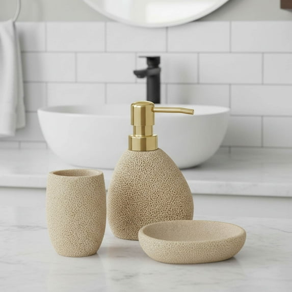 Stylish Sea Sponge Inspired Bathroom Accessory Set - Luxurious 3-Piece Organizer with Oceanic Charm - Includes Toothbrush Holder, Soap Dispenser & Soap Dish for Natural House Decor