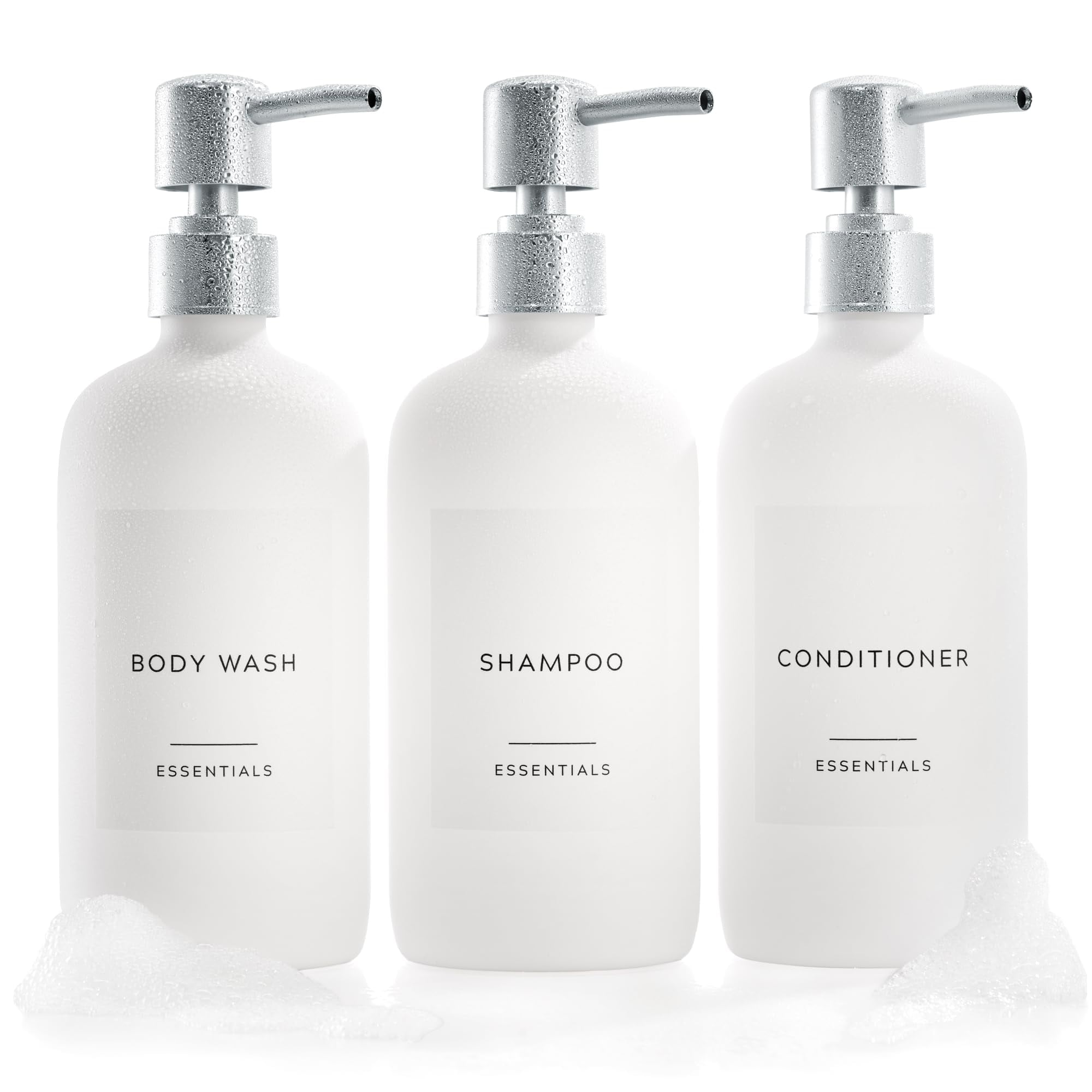 Modern White 21oz Shampoo and Conditioner Dispenser Set with Silver Pump