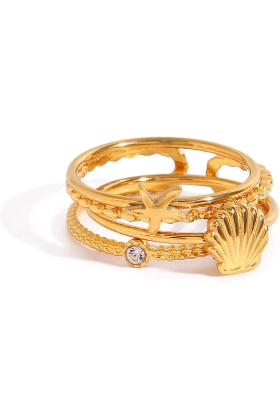 Stylish Shell Starfish Ring Set Dainty 18k Gold Plated Stainless Steel for Women Ocean Style Summer Beach Punk Jewelry Vacations Adjustable Stackable Finger Band Fashion Accessory Collection
