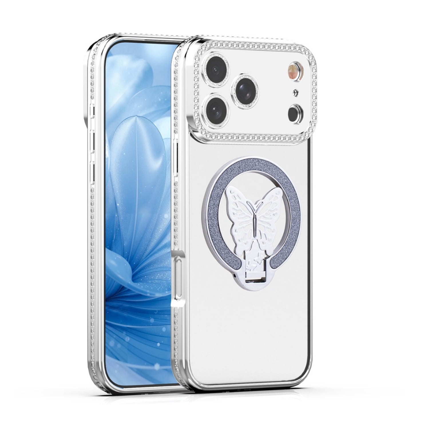 Stylish Shiny Butterfly Stand Case for iPhone 17 Pro - Silver