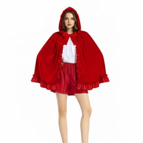 Stylish Short Cape with Ruffle Hem, Elegant Hooded Cloak, Themed Party Outfit, Performance Attire, Lace , Velvet Material, Dramatic Wear