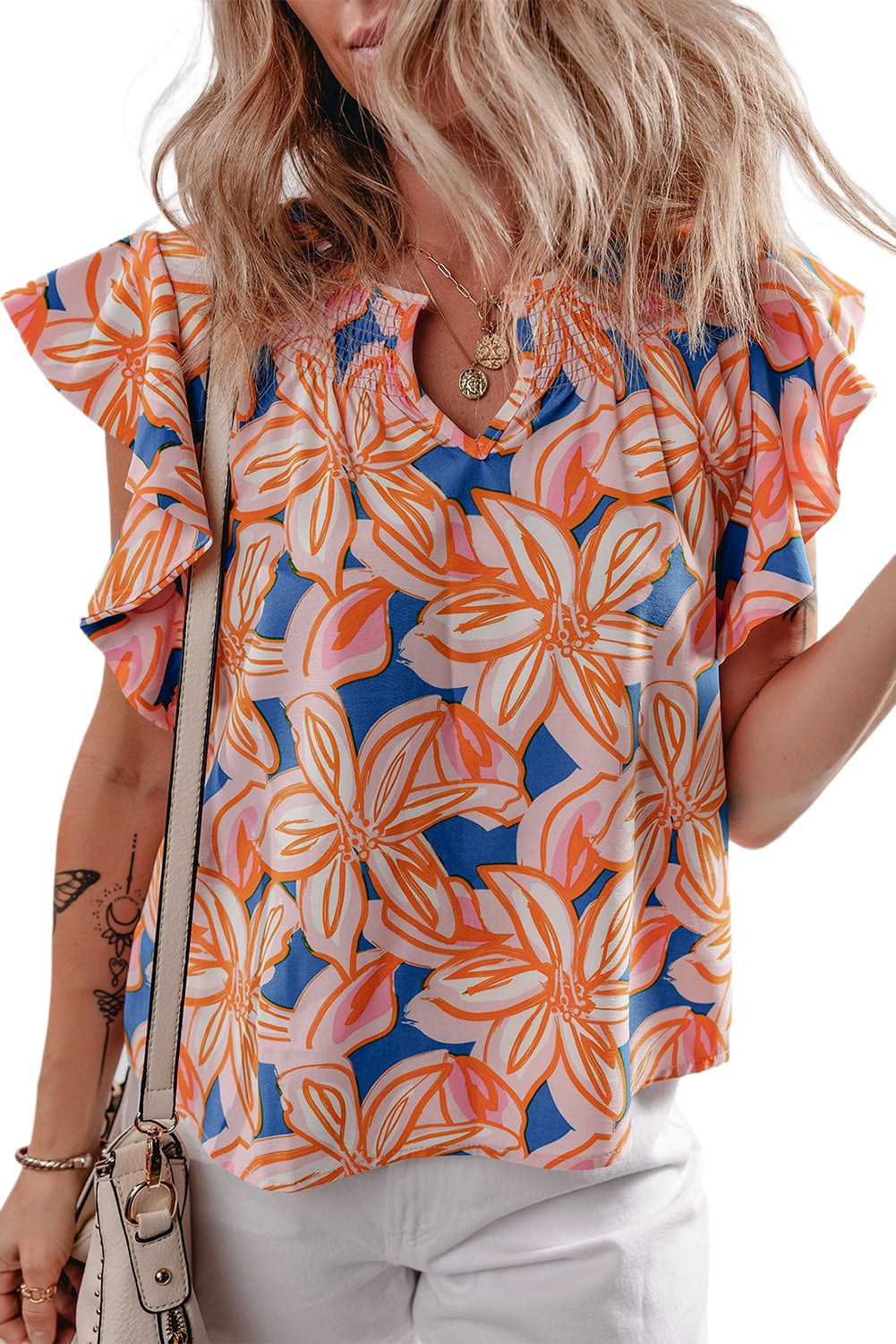 Orange Floral Deco Mix Ruffle Shoulder Blouse main image 1