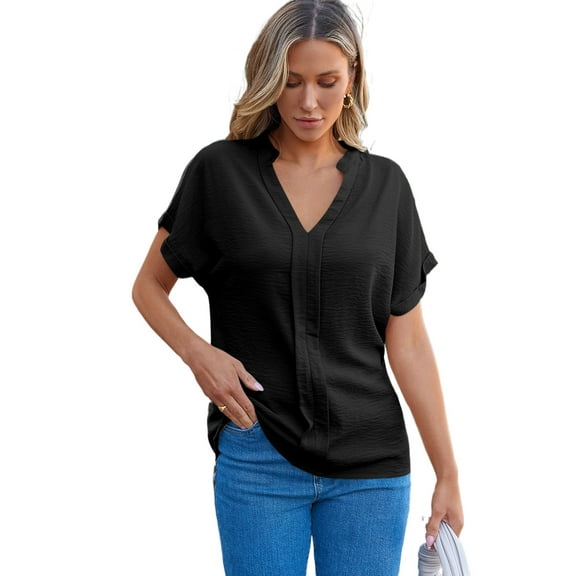 Stylish Short Sleeve V Neck Blouse - Casual and Office Wear in Black - [ZhiHiMeRi] | L
