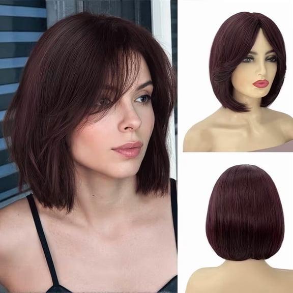 Stylish Silver Layered Short Straight Bob Wig with Curtain Bangs - Gradient Color for Women