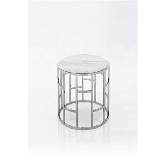 Stylish Silver & Marble Round Geometric End Or Side Table, White