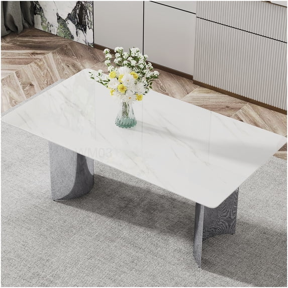 Stylish Silver and White Dining Table, Imitation Marble Glass Top with Metal Legs, Minimalist Design