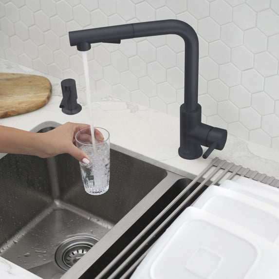 Stylish Single Handle Ht 12 ⅝” Matte Black Kitchen Faucet with Soap Dispenser K130NS01N