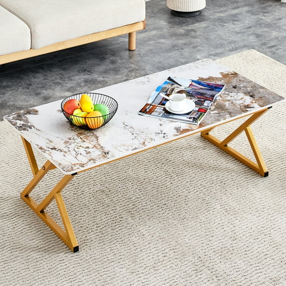 Stylish Sintered Stone Coffee Table With Golden Metal Base, And Practical, Easy To Clean Surface, Space Saving Fashion-forward Interior Decoration Table: &