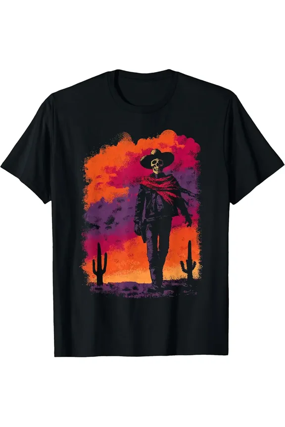Stylish Skeleton Cowboy with Desert Sunset Western Gothic T-Shirt