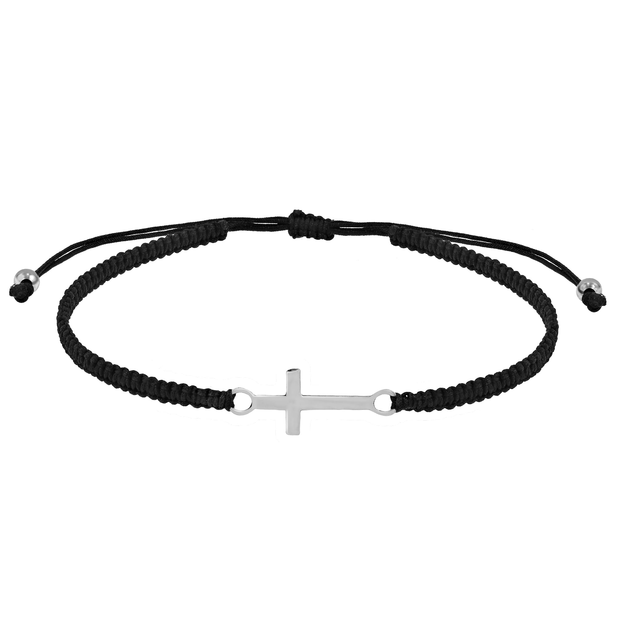 AERAVIDA Stylish Sleek Faithful Cross Sterling Silver Charm Black Adjustable Bracelet