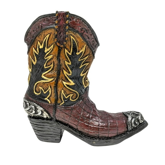 Stylish Small Cowboy Boot Vase for Flowers Mini Decorative Resin Faux Leather Boot Figurine in Brown and Black Scheme Rustic Tabletop Accent for Home Dcor, Gifts, or Office Display