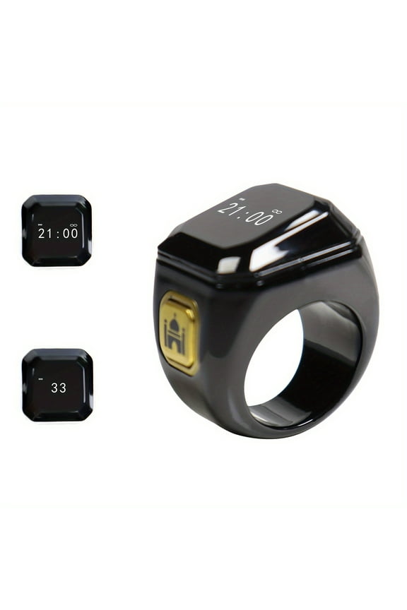Stylish Smart Prayer Watch Ring with Prayer Counter, 5 Reminders, Compass, Long Battery, OLED Screen, Declaration Alarm, Beads and Charging Cable - Charging Box Not Included,Black,18mm