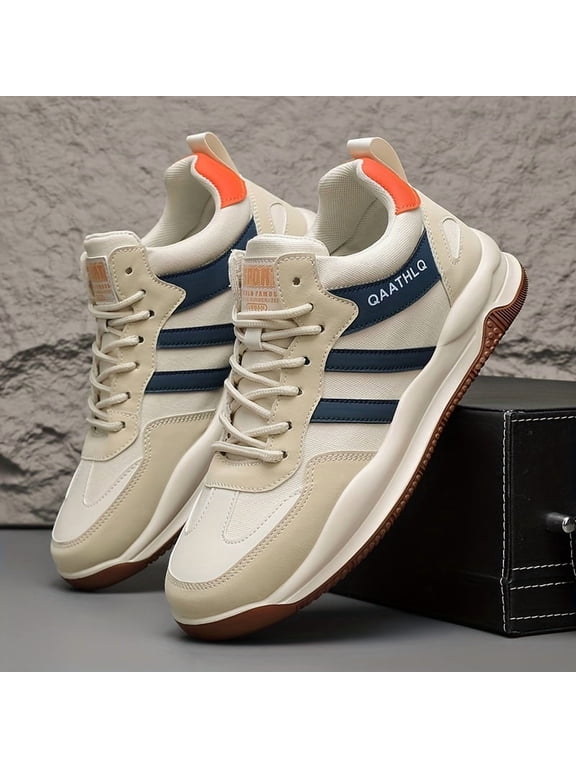 [Stylish Sneakers] Lightweight Men's Mid-Top Sneakers | Casual & Sporty, Breathable PU/Fabric Upper with Striped Design, Cream Interior, and Durable PVC Sole for Running, Hiking & Casual Attire