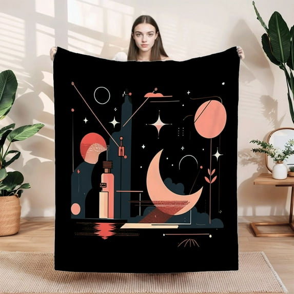 Stylish Soft Flannel Blanket - Cozy Abstract Design with Celestial Patterns Perfect for Sofa Travel Bed and Chair