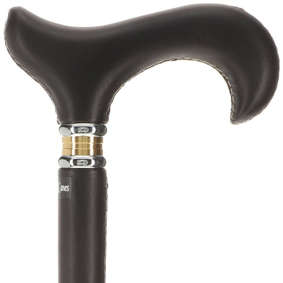 Stylish Soft Genuine Leather Grip Black Cane - Comfortable Leather Handle & Shaft - Luxurious Black Derby Handle - Silver & Brass Collar - 37.5 Inches Long