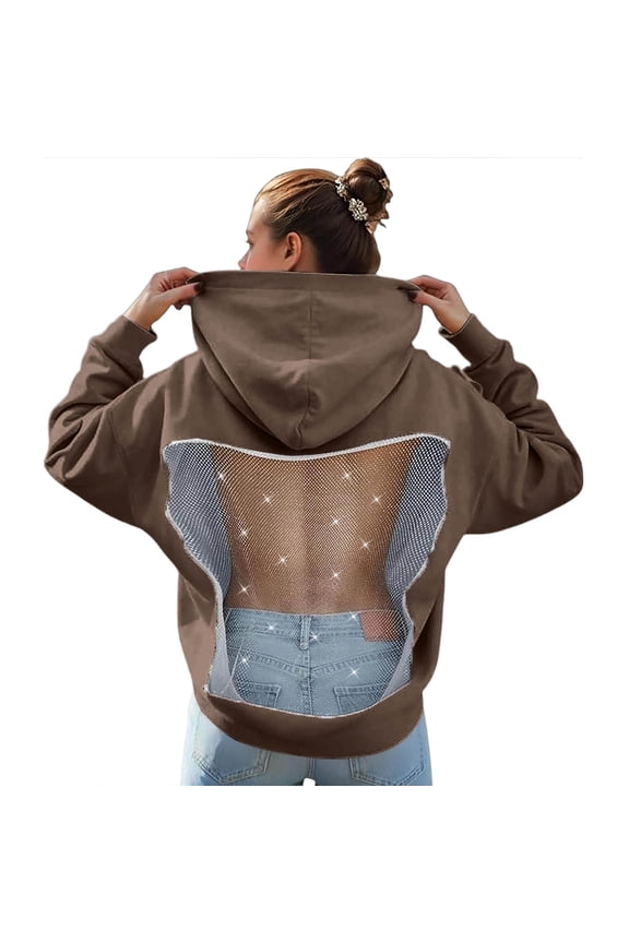 Stylish Soft Velvet Backless Mesh Hooded Sweatshirt For Women Cozy Autumn Winter Lightweight Knit Fashion Top Oversized Pullover Long Sleeve Crewneck Casual Tops
