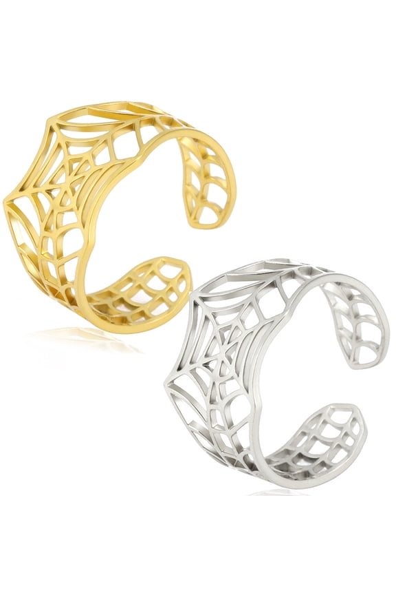 Stylish Spider Web Stainless Steel Open Adjustable Rings for Women - Set of 2