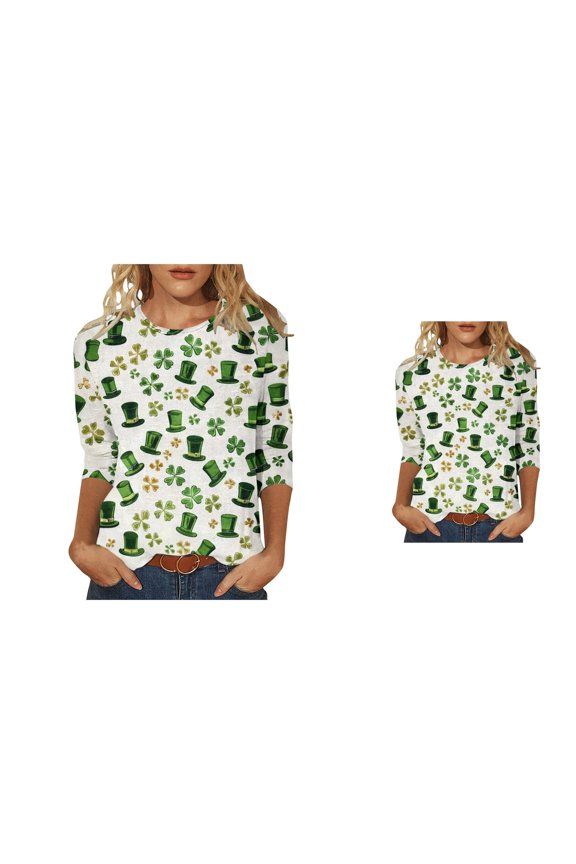 Stylish St Patrick's Day T-Shirt with Fitted Waist and 3/4 Sleeve, Fashionable Clover Print Design for Women, Casual Plus Size Irish Shirt, Funny Saint Patrick's Tunic Tops, 2025 Trendy Gift Idea