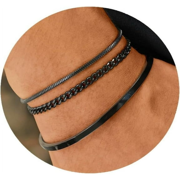 Stylish Stackable Men's Cuff Bracelet - Waterproof Titanium Steel 3 Piece Layered Silver Cuff Bracelet Cuban Chain Bracelet Set Men's Jewellery Gifts
