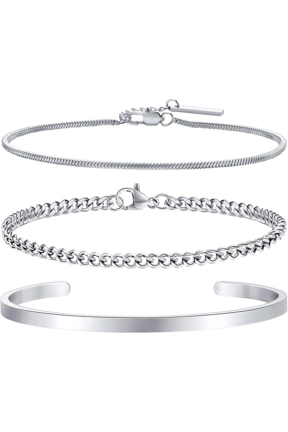 Stylish Stackable Men's Cuff Bracelet - Waterproof Titanium Steel 3 Piece Layered Silver Cuff Bracelet Cuban Chain Bracelet Set Men's Jewellery Gifts