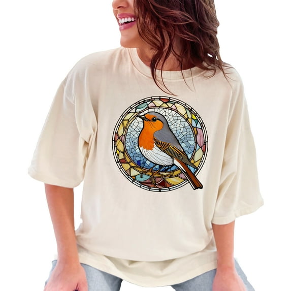 Stylish Stained Glass Bird Print T-Shirt, Nature Inspired Graphic Tee, Unique Bird Lover Gift, Vintage Art Design Shirt for Men and Women, Ivory Comfort Colors T-Shirt, 3XL