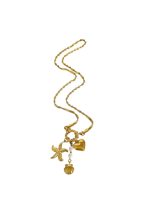 Stylish Stainless Steel Necklace Heart Starfishes Shell Pendants Necklace Flat Snake Chain Necklace Suitable for Women