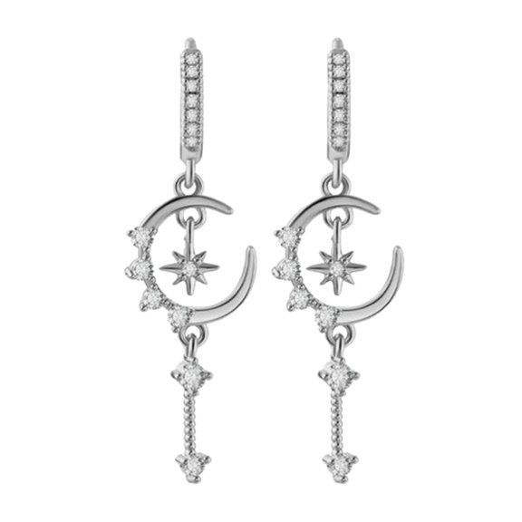 Stylish Star Moon Floral Ear Studs Featuring Micro Paved Zircon Embellishments In Polished Copper Finish