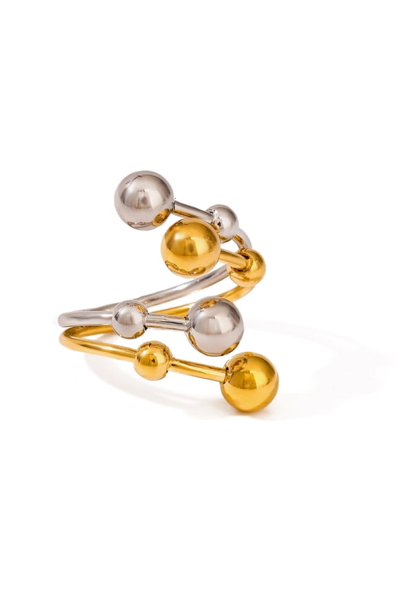 Stylish Statement Rings Including Unique Ball Design Two Tone Finish Double Layer Adjustable Opening Stainless Steel Con