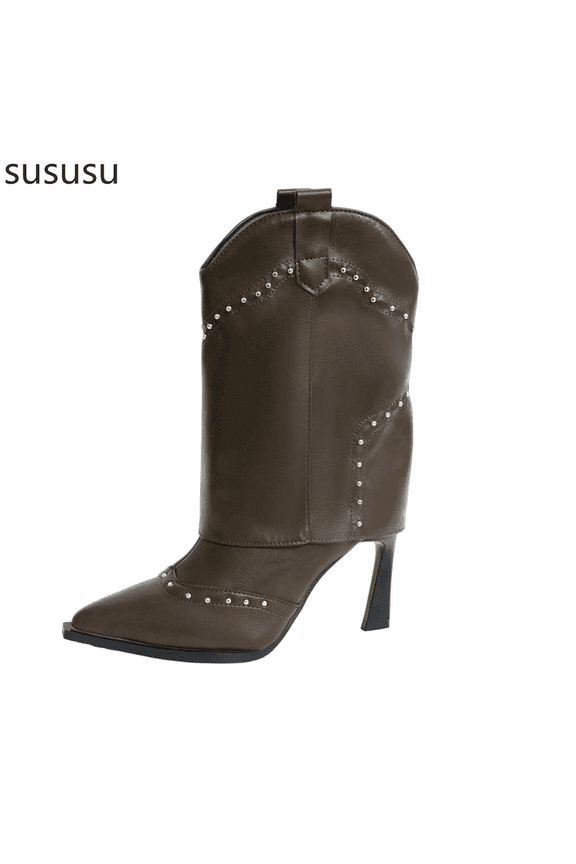 Stylish Stiletto Mid Calf Western Boots Featuring Edgy Studded And A Sleek Pointed Toe Design For A Modern And Fashion Statement
