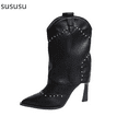 thumbnail image 1 of Stylish Stiletto Mid Calf Western Boots Featuring Edgy Studded And A Sleek Pointed Toe Design For A Modern And Fashion Statement, 1 of 7