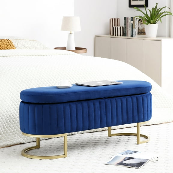 Stylish Storage Bench In Blue Velvet With Golden Legs For Bedroom And Living Space Upholstered A Functional Area