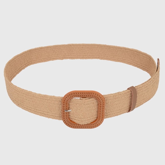 Stylish Straw Belt with Woven Ellipses Buckle- Khaki