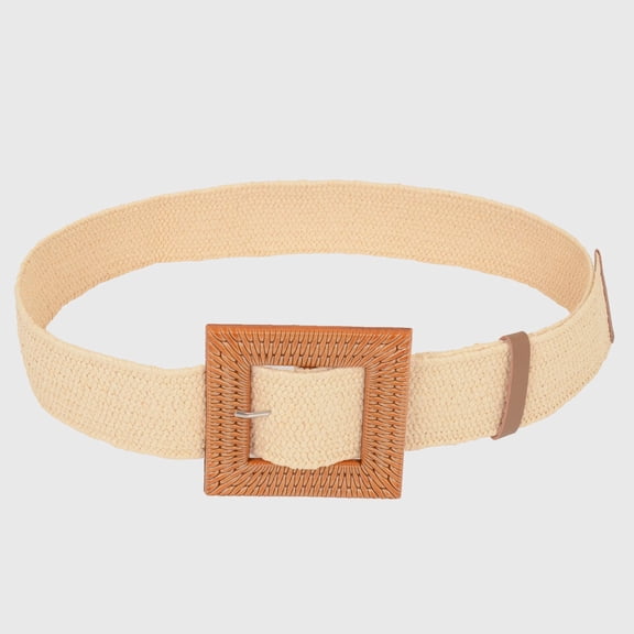 Stylish Straw Belt with Woven Square Buckle- Beige