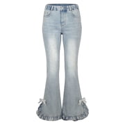 Stylish Stretch Denim Bottom Pants For Teen Girls With Elegant Bow And Lace Trim Flared Fit Comfortable Trousers