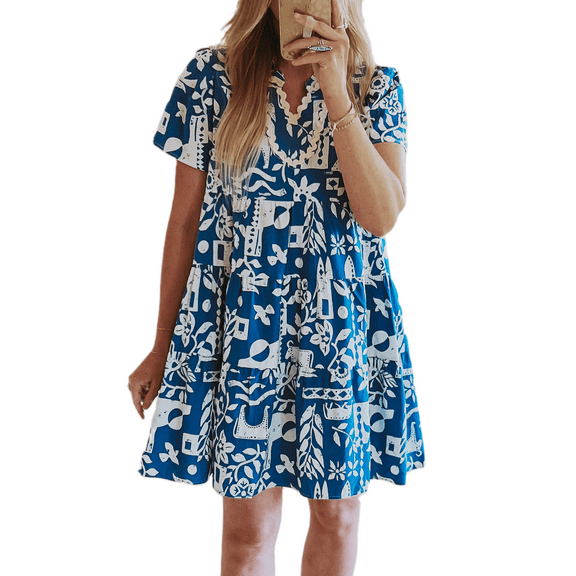 Stylish Summer A-Line Dress: Blue Floral Print with Delicate Ricrac Trim