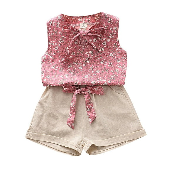 Stylish Summer Outfit Set with Sleeveless Bow Tie Floral Top and Pocketed Shorts for Summer
