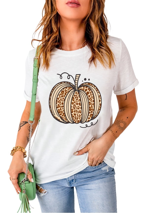 Stylish Summer Tee: Festive Pumpkin Graphic - White Leopard Print - [ZhiHiMeRi] | (US 16-18)XL