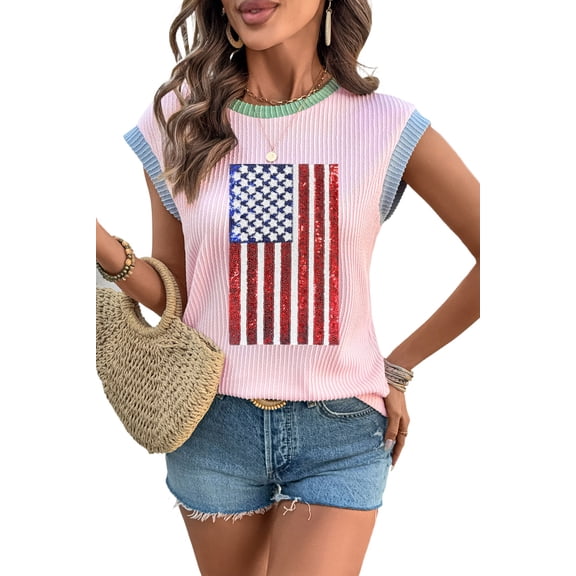Stylish Summer Tee: Pink Colorblock Edge with USA Flag Sequins and Cap Sleeves | [ZhiHiMeRi] | (US 8-10)M