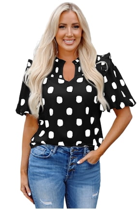 Stylish Summer Top: Balloon Sleeve Blouse with Polka Dot Pattern and Shirred Details - [ZhiHiMeRi] | (US 4-6)S